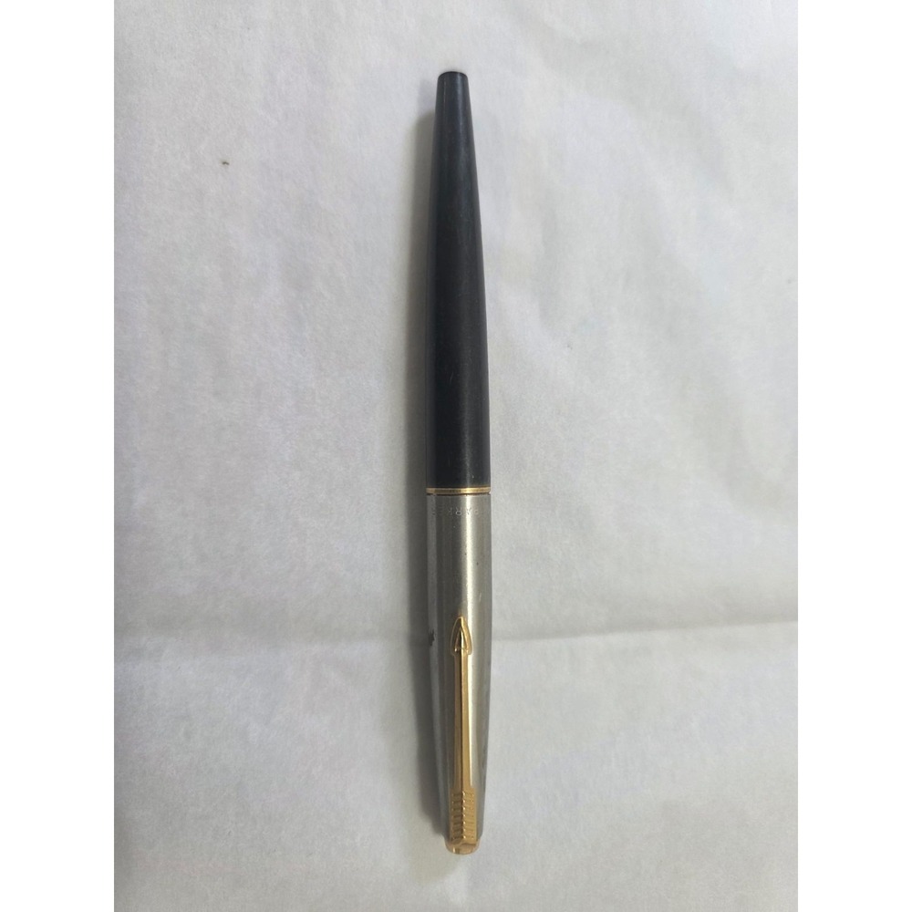 Vintage Parker 45 Fountain Pen Brushed Stainless Cap, Gold Clip, Black Barrel